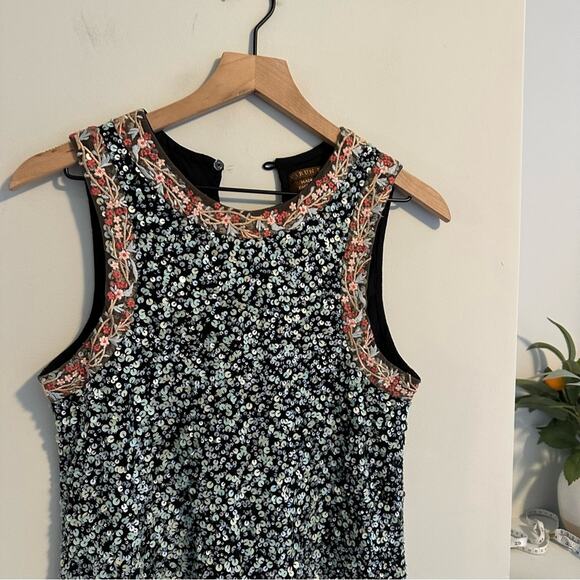 Anthropologie Varun Bahl Blue Sequin Floral Embroidered Mini Dress 6 - Picture 7 of 11